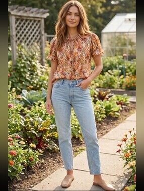 En Saison Candela Floral Tie Neck Ruffle Blouse Large Rust Orange